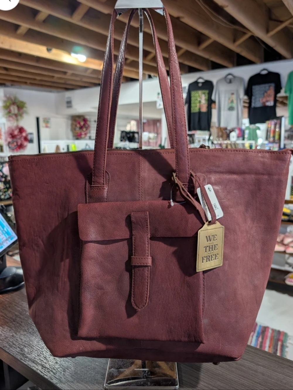 We The Free People Heritage Leather Tote Bag in a rustic red